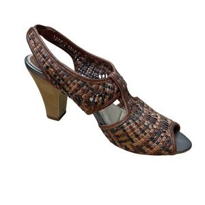 FRYE Ramsey‎ Woven Leather Slingback Heels Peep Toe Wooden Block Heel Brown